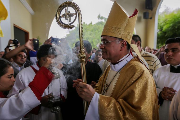 Auxiliary Bishop Silvio Jose Baez Ortega of Managua arrives to celebrate Easter Mass, his last Mass at the Santo Cristo de Esquipulas Church in Managua, on April 21, 2019. Since then, the bishop has lived in exile in Miami.