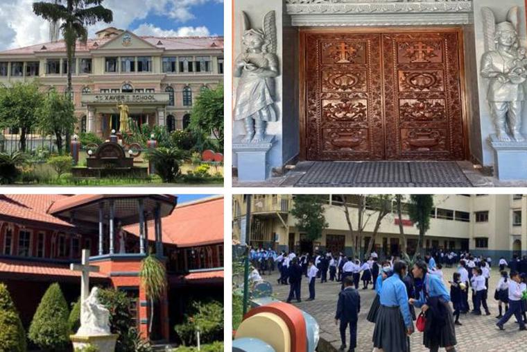 Clockwise from Left: St Xavier School in Kathmandu. Doors to Assumption Cathedral in Kathmandu. Students walking in the quad at St. Xavier School. Statue in front of the cathedral.