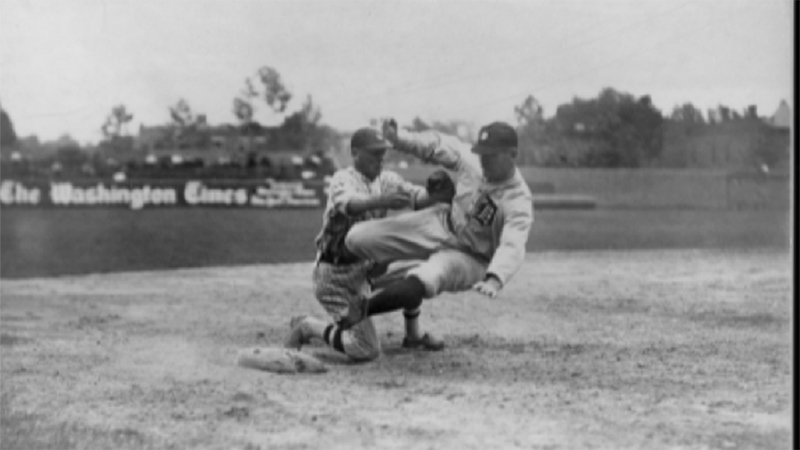 Harry Heilmann, another member of the Knights of Columbus, was regarded as one of the best hitters during the 1910s and 1920s, winning four batting titles on his way to a Hall of Fame career. In this photograph, Heilmann is tagged out by Washington Senators' third baseman Howard Shanks. The Senators beat the Tigers 6-2 on June 8, 1921. (Library of Congress)